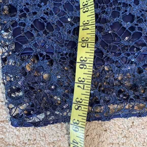 Alex Evenings Sheer Lace Sequin Dress w/ Slip Navy Bell Sleeves Fairy Whimsical - Picture 11 of 13